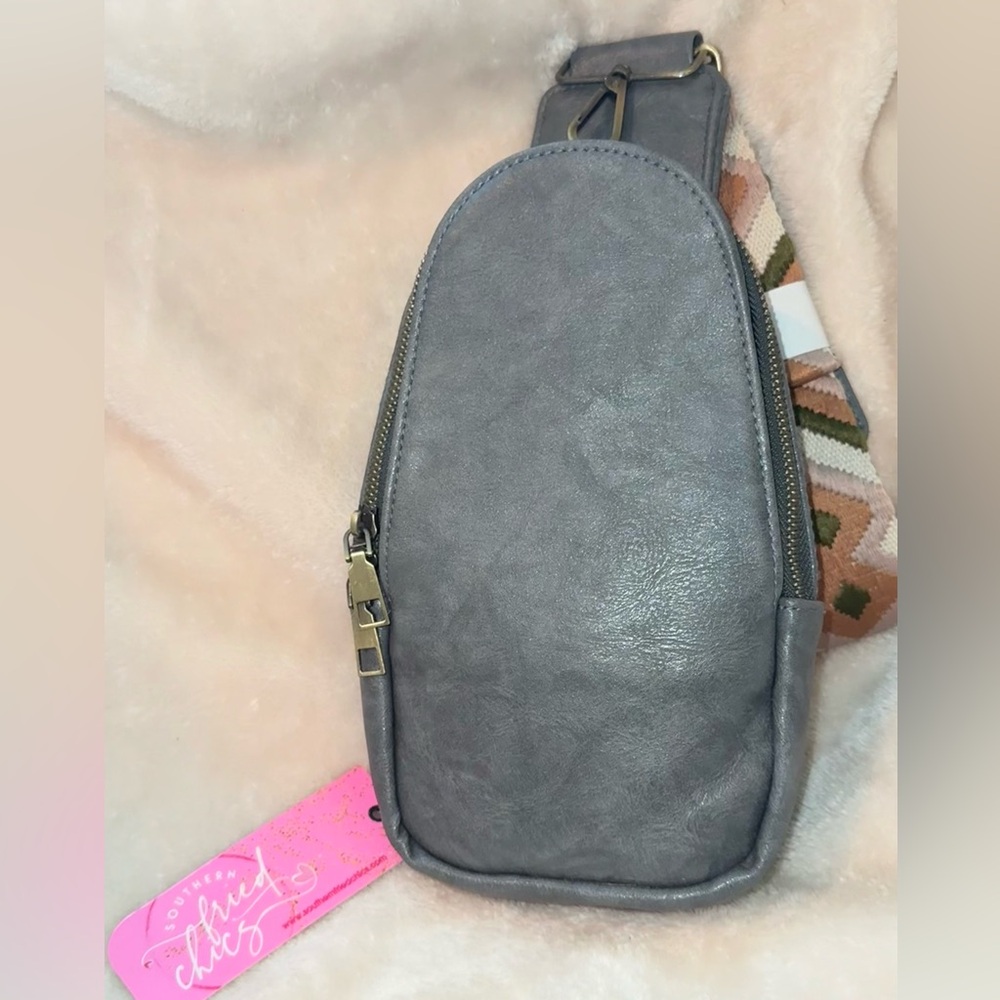 Southern Fried Chics Gray Leather Sling Crossbody Bag Geometric Guitar Strap NWT
